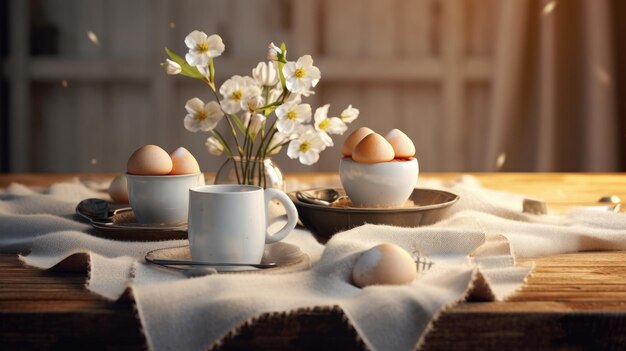 Een tafel met eieren en bloemen erop