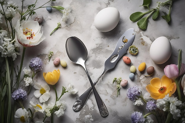 Een tafel met eieren en lepels met daarop een bloemstuk van paaseieren.