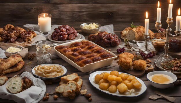 Foto een tafel met eten en een kaars die croissant zegt