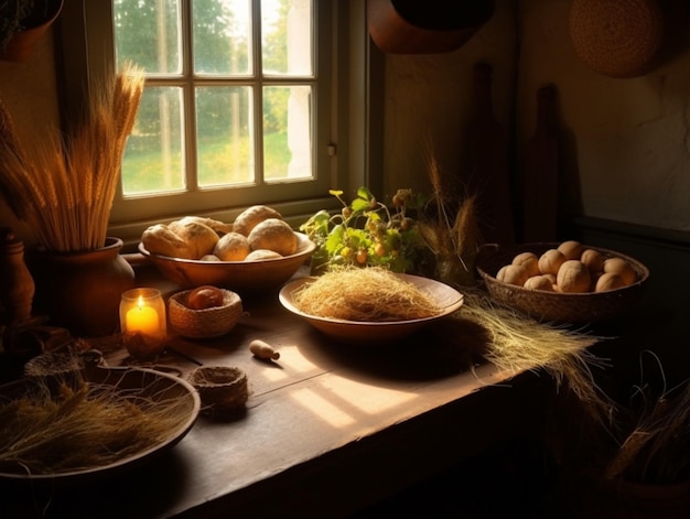 Een tafel met eten en een kaars erop