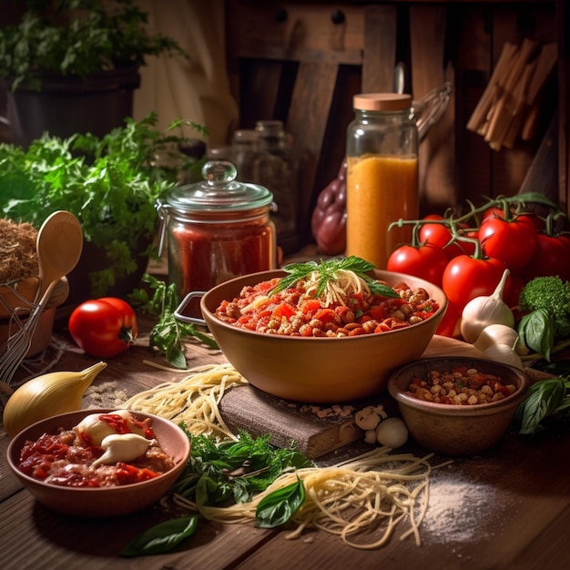 Een tafel met eten en een pot tomaten en ander eten.