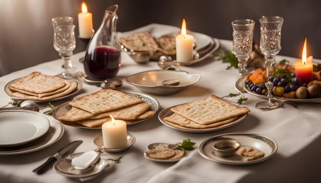 een tafel met eten en kaarsen en een kaars erop