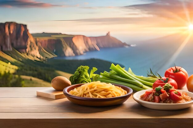 Een tafel met eten en uitzicht op de oceaan.