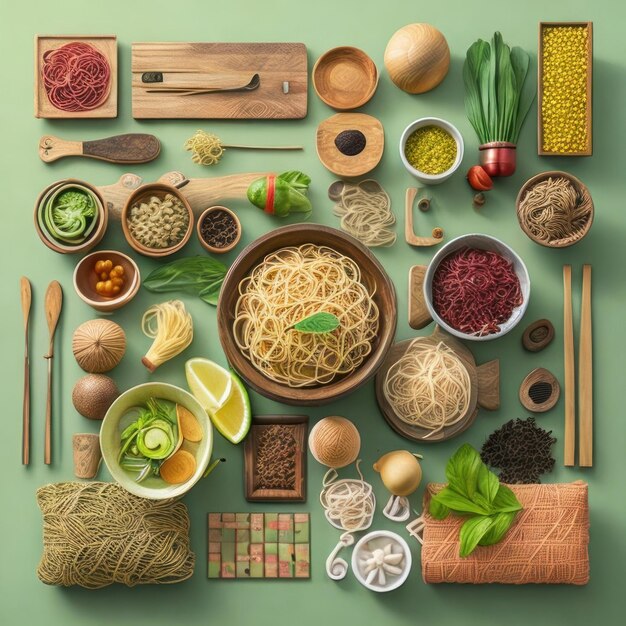 Een tafel met eten inclusief pasta, een kom groenten en een kom pasta.