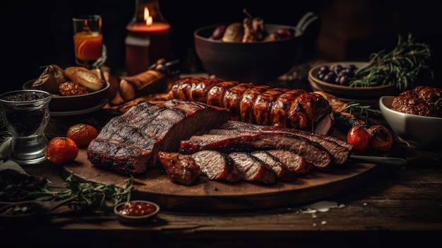 Een tafel met eten inclusief vlees, vlees en groenten.