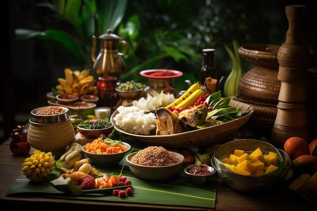 Foto een tafel met eten met een verscheidenheid aan gerechten, waaronder rijst, groenten en fruit.