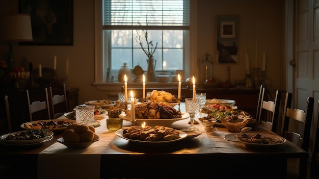 Een tafel met eten met kaarsen erop