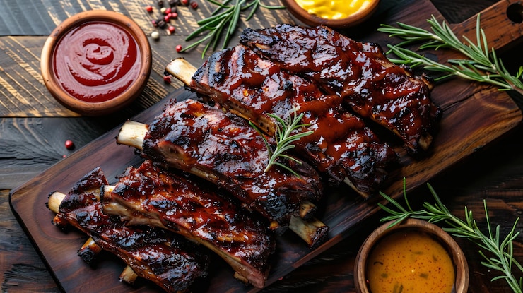 Foto een tafel met eten met vlees, sauzen en specerijen