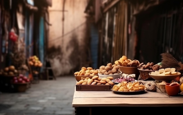 Een tafel met eten op straat met een bord met 'eten'