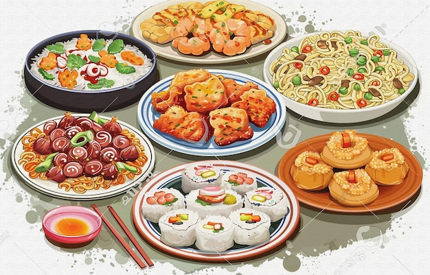 een tafel met eten, waaronder sushi sushi en sushi