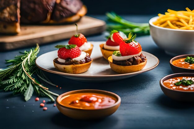 Een tafel met eten waarop " dessert " staat.