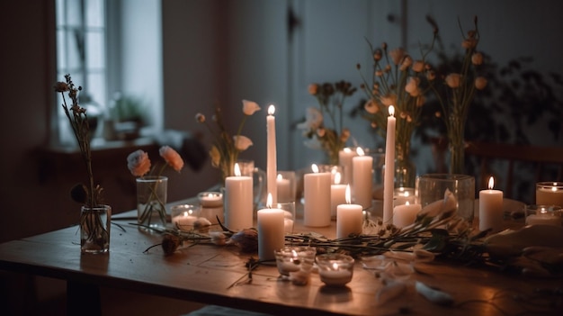 Een tafel met kaarsen en bloemen erop