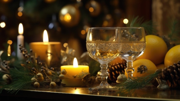 Een tafel met kaarsen en champagneglazen met kerstversieringen