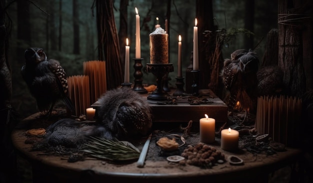 Een tafel met kaarsen en een beer erop