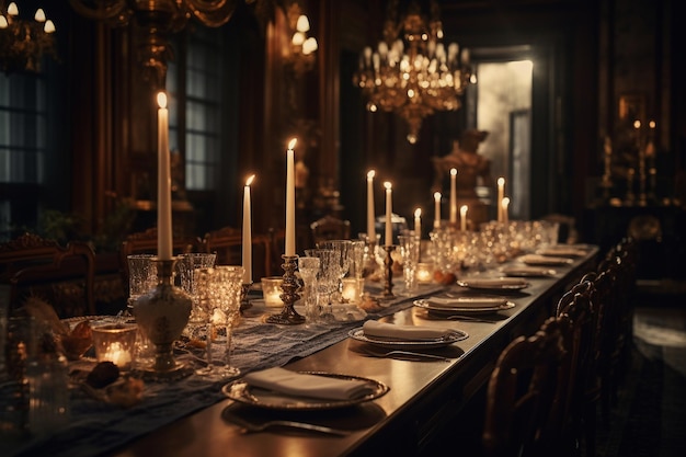 Een tafel met kaarsen en een kroonluchter waarop 'het woord diner' staat