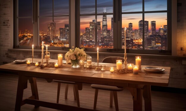 Een tafel met kaarsen en uitzicht op de skyline van chicago