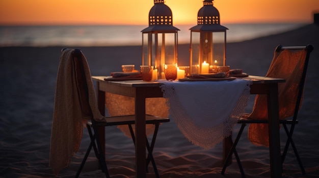 Een tafel met kaarsen erop en de zonsondergang op de achtergrond.