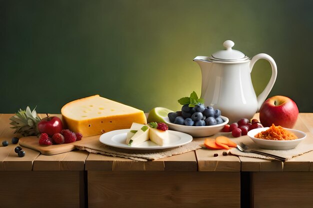 Een tafel met kaas, fruit en een bord kaas.