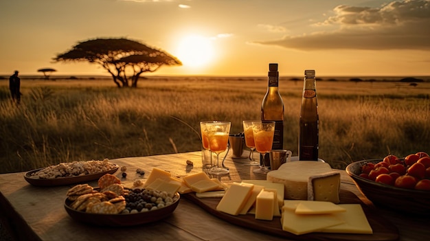 Een tafel met kazen, kazen en ander voedsel erop op de achtergrond van een veld.