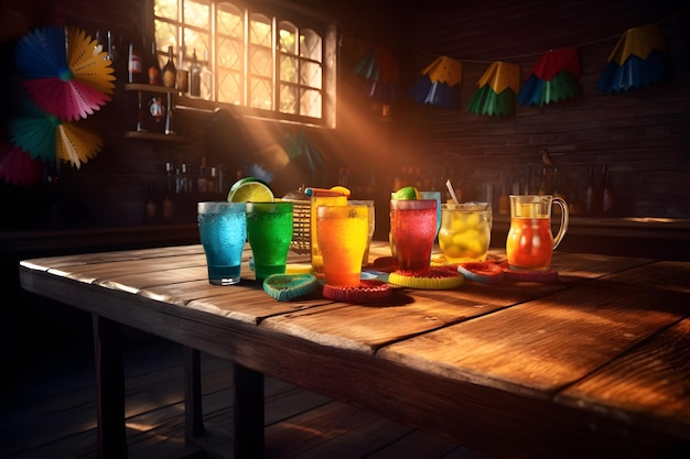Een tafel met kleurrijke glazen met dranken erop.