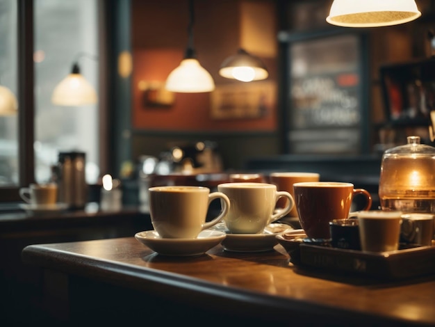 een tafel met kopjes koffie en een theepot erop in een café