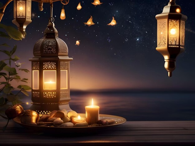 een tafel met lantaarns en kaarsen in de nachtelijke hemel