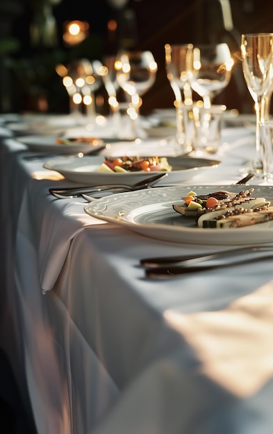 een tafel met meerdere borden met voedsel en wijnglazen erop