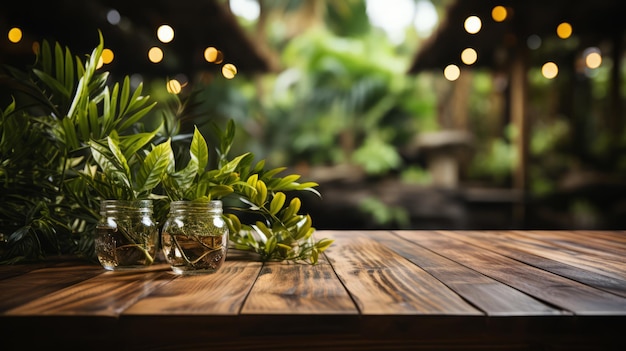 Een tafel met meerdere glazen en planten erop
