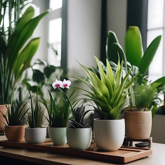 Foto een tafel met planten en bloemen erop en een kleine witte bloem in het midden