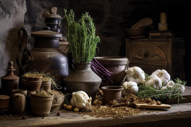 een tafel met potten en potten met een plant erop