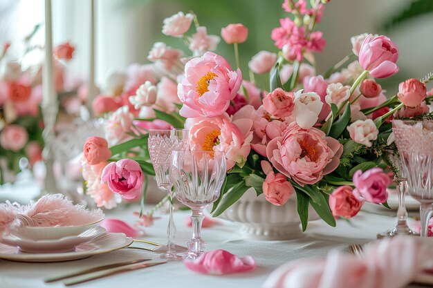 Een tafel met roze bloemen.