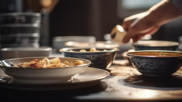 Een tafel met schalen eten en een persoon die eet in een restaurant.