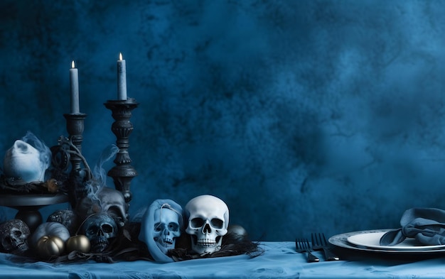 Een tafel met schedels en kaarsen erop