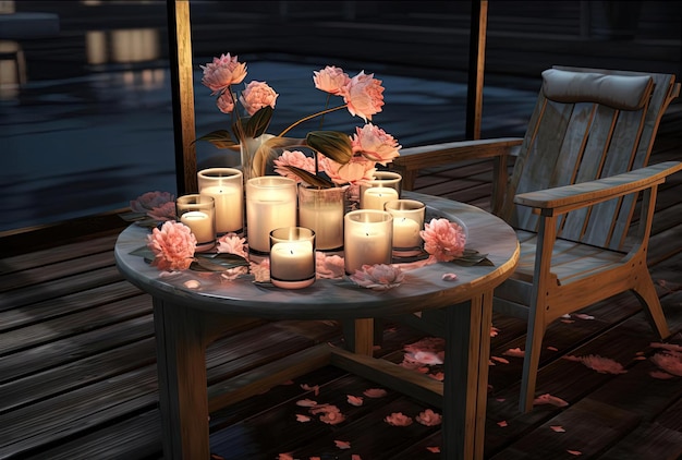 een tafel met spa stoelen kaarsen en bloemen in de stijl van happycore