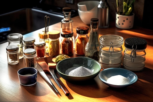 Een tafel met specerijen en een schaal zout