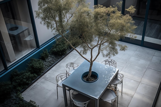 Een tafel met stoelen en een boom erop