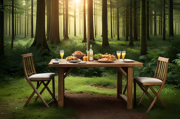 Een tafel met uitzicht op het bos