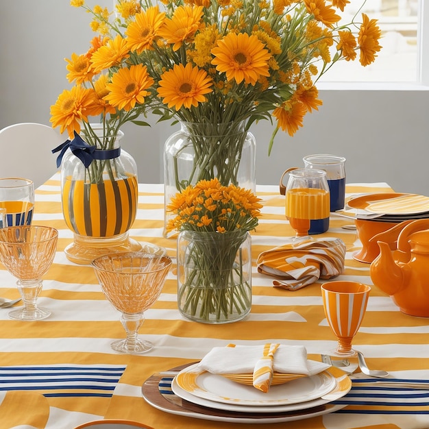 Een tafel met vazen en een met gele en oranje strepen