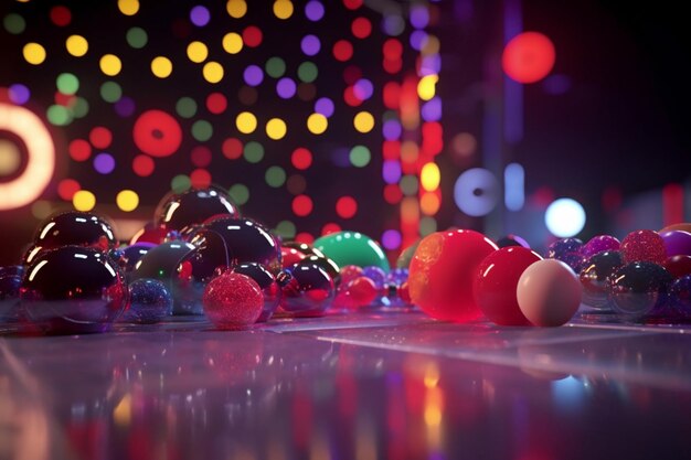 Een tafel met veel ballen erop en een kleurrijk licht op de achtergrond.