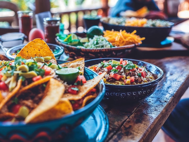 Foto een tafel met veel borden met voedsel, waaronder nachos chips en chips