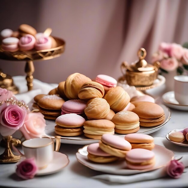 Foto een tafel met veel desserts en koekjes.