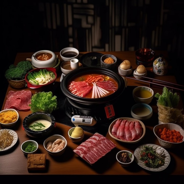 een tafel met veel gerechten, waaronder vlees, groenten en een bord dat zegt sushi quotes