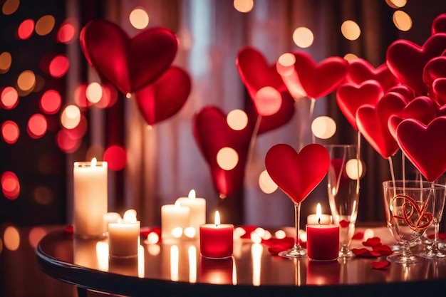 een tafel met veel harten en kaarsen met een hartvormige kaars in het midden