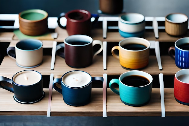 Foto een tafel met veel koffiekopjes en een met de andere met een kop koffie erop.