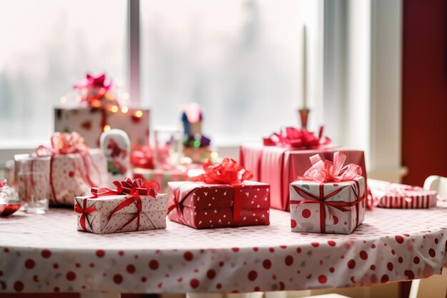 Foto een tafel met veel verpakt geschenken