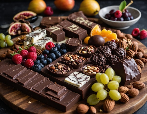 Foto een tafel met veel verschillende soorten chocolade en fruit erop