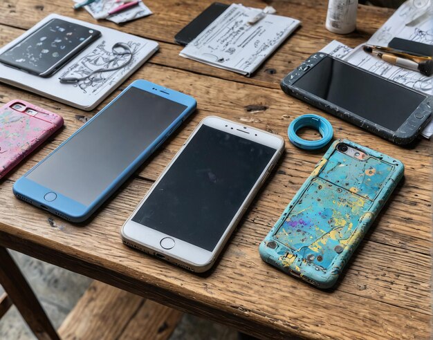 een tafel met veel verschillende soorten mobiele telefoons