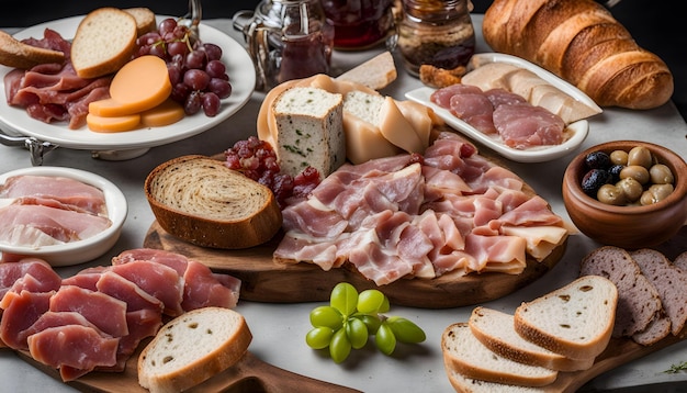 een tafel met veel verschillende soorten voedsel, waaronder brood, kaas en brood