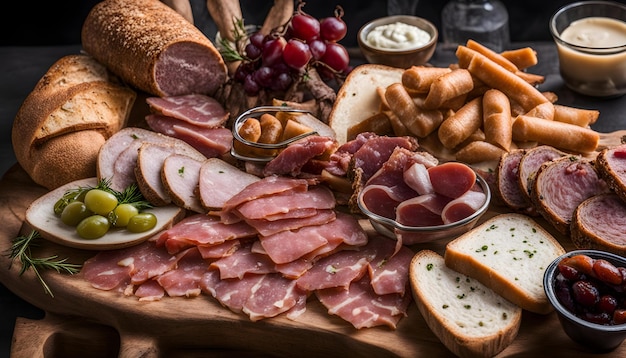 een tafel met veel verschillende voedingsmiddelen, waaronder ham, kaas en brood