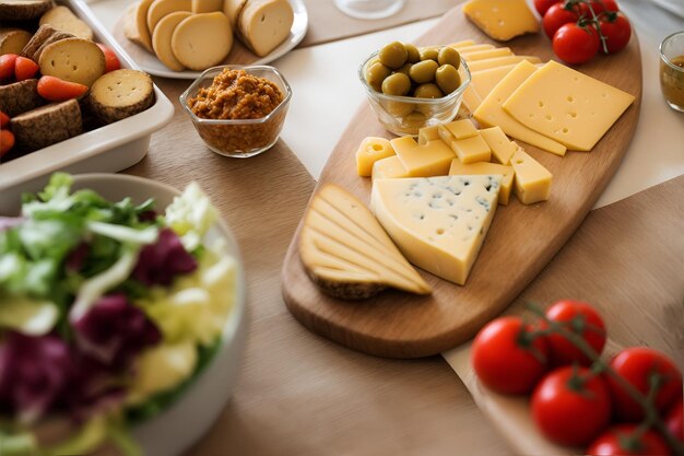 Een tafel met verschillende soorten kaas